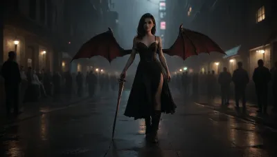(((demon wings))), A cinematic, full-body shot of female V from Cyberpunk 2077, with her default long black hair, white skin and determined expression, walking directly towards the viewer on a rain-slicked street in Night City at night. She is holding a japonese sword, in both hands, pointed downwards, she have a large dragon wing on her back, and has a bionic left arm and tattoo on her right arm. She wears a gothic black dress that exposes her back with a large dragon wings, tucked into sturdy boots.
​The environment is a bustling, neon-lit street in Night City, filled with a diverse crowd of pedestrians, their faces partially obscured, walking away from the camera on either side of V. The street is wet and highly reflective, mirroring the neon signs and distant city lights. Dominant colors in the background include vibrant blues, pinks, and reds from holographic advertisements and Japanese kanji signs, (e.g., "寿司" or "ラーメン"), .
​The lighting is dramatic and moody, with strong, wet reflections on the ground and rain falling subtly. Atmospheric perspective creates a sense of depth, with the cityscape fading into a smoky, rainy distance. The overall aesthetic is gritty, cyberpunk, and highly detailed, with a focus on realism and the immersive atmosphere of Night City. The composition emphasizes V as the central, dominant figure amidst the chaos, <lora:dark:.1>