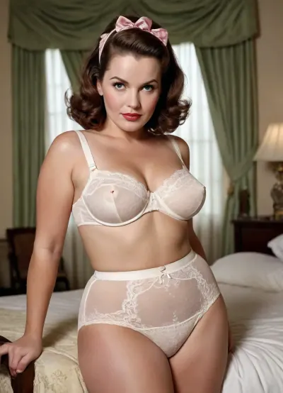 1950's mature, brown Coiffured hair tubby, big bosom and big buttocks, large lace and ribboned underwear