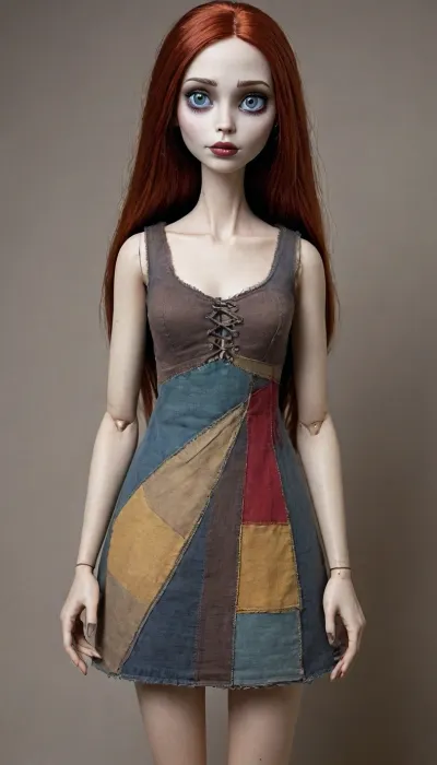 Sexy realistic version of Sally from the nightmare before Christmas Here's a detailed physical description of how she might appear in a live-action or hyper-realistic style, Realistic Sally – Physical Description
Age Appearance, Mid-20s, (though ageless, being a patchwork creation), Skin, Her skin is pale with a faint bluish-gray tint, like aged porcelain or faded fabric. It's uneven in tone—stitched together from mismatched patches of different textures and hues. You can see the subtle lines and seams where various pieces of skin, (some slightly darker or smoother), have been sewn together. The stitching is thick, black thread—like old surgical sutures—visible on her arms, legs, neck, and face. Some stitches are tight and neat, others slightly frayed or puckered with age.

Face, Sally’s face is hauntingly beautiful but unnerving. Her eyes are large and expressive, with a glassy, slightly sunken look—perhaps reflecting a doll-like quality. Her sclera, (whites of the eyes), might have a faint yellowish or gray tinge, showing wear. Her lips are full but dry, with cracked edges and a naturally red-berry color. There's a long stitch line running across one side of her cheek or over her jaw—done carefully, but clearly visible.

Hair, She has long, straight, deep auburn hair—thick strands, almost yarn-like, but realistic. It's unkempt but beautiful, like a mane of faded silk or thread, often falling over her shoulders in heavy locks. The hair might look slightly too vibrant in contrast to her muted complexion, adding to her uncanny presence.

Body, Sally is slender, with an almost frail, willowy frame. Her movements are delicate but slightly stiff or uneven—she walks with a soft, ghostly grace, but you can tell she was stitched together rather than born whole. Her limbs are long, but not unnaturally so—more like someone recovering from a long illness. The visible seams at her shoulders, elbows, and knees hint at her being pieced together from various human, (or doll-like), parts.

Clothing, She wears a tattered, homespun patchwork dress, made from mismatched fabrics—some floral, some striped, some torn lace. In a realistic rendering, the colors would be muted and worn—faded reds, pale blues, dusty yellows—stitched together with care but clearly handmade. The dress is slightly oversized, hanging loosely from her shoulders, fraying at the edges, with obvious repair work done by her own hand.

Hands and Feet, Her hands are thin and slightly disproportionate—long fingers with uneven nails, some chipped or darkened, giving the sense of both delicacy and decay. Her feet are often bare, dirty from wandering the graveyard or forest, and stitched at the ankles or across the soles.

Scent and Aura, In a realistic world, Sally might carry the scent of dried herbs and old linen. There’s something melancholy in her presence—like an old keepsake or forgotten doll, brought to life with a soul but still carrying the weight of her origin.
