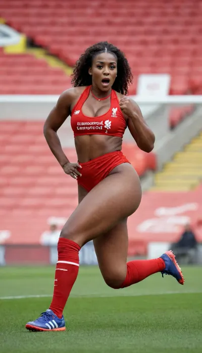 Very gorgeous female Liverpool soccer player, she is a British African MILF, SBBW, snatched waist, big ass, tight shorts, very big ass, big boobs, bodybuilder, crop top, red kit, anfield, packed stadium, 40 years old, Adidas, standard chartered, full length, solo focus, low cut top, perfect anotomy, sexy celebration pose, footwear, perfect hands, perfect fingers, super thick legs, Liverpool logo, naval jewelry, tongue stud, tongue stuck out, navel exposed