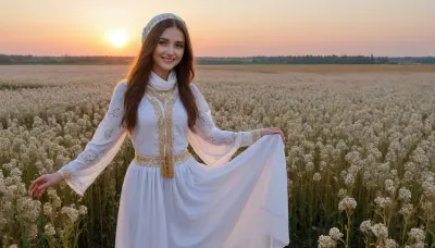 captivating young 5-feet brunette Ukrainian girl, smiling, desirable big breasts and thighs, traditional fine fabric loose-fitting snow-white gold-embroidered extra long Ukrainian blouse and skirt covering knees on completely bare body, a gold-embroidered snow-white scarf over head, barefoot, clear blue sky, lush buckwheat field intensely blooming, sunrise