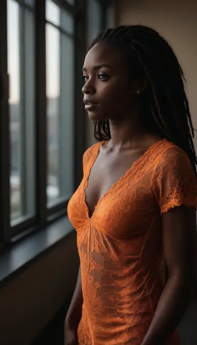 young beauty, (very dark skin:1.7), ebony woman, nigerian woman, long brown africa dreads, huge saggy natural breasts, wearing a sexy orange lace nightie opened. side view, Corporate setting, soft shadows, sunlight streaming through windows, modern office, blurred employees in the background watching, Photorealistic style, ultra-detailed, 8k resolution, cinematic lighting, high contrast, realistic skin textures, detailed anatomy, soft bokeh effects, dynamic composition