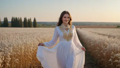 captivating young 5-feet brunette Ukrainian girl, smiling, desirable big breasts and thighs, traditional fine fabric loose-fitting snow-white gold-embroidered extra long Ukrainian blouse and skirt covering knees on completely bare body, a gold-embroidered snow-white scarf over head, barefoot, clear blue sky, lush buckwheat field intensely blooming, sunrise captivating young 5-feet brunette Ukrainian girl, smiling, desirable big breasts and thighs, traditional fine fabric loose-fitting snow-white gold-embroidered extra long Ukrainian blouse and skirt covering knees on completely bare body, a gold-embroidered snow-white scarf over head, barefoot, clear blue sky, lush buckwheat field intensely blooming, sunrise