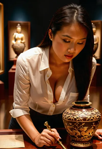 ((photorealism)), (high quality:1.2), (detailed facial features:1.1), (well-lit scene:1.1), (perfectly detailed face:1.2), (excellent composition:1.1), ((beautiful modern Asian female archaeologist examining an artifact in a museum)), smooth skin, black hair, white shirt, unbuttoned almost to the waist, exposing the upper part of her large full breasts, tight-fitting pants, leaning over an ancient Chinese vase, (detailed inlaid vase:1.1), (studying the vase:1.5), soft studio lighting, dark museum background, blurred background with other artifacts on the wall, bright reflections on the glass, (depth of field:1.1), side lighting, natural lighting, 8k, ultra-detailed, DSLR, (Fujifilm XT3:1.1), ISO 200, 1/160 s, f/2.8, NEGATIVE_HANDS, downblouse, nipslip, <lora:681678_training_data:.8>, <lora:RealDownblouseXL2:.8>