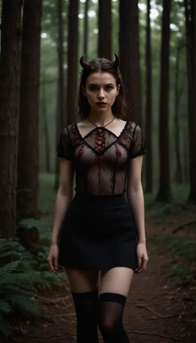 petite beautiful satanic style woman, (age 22), with smallest breasts, no bra, thorn shirt, mini skirt with stockings, in dark forest, naughty mood and spicy