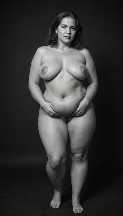 Masterpiece, (monochrome), black and white professional artistic HD photography, award winning photography, full body view, (dark background, extremely dim light:1.4), (only her forms are revealed by very fine lines of light:1.6), 50 year-old chubby mature woman silhouette, wide hips, natural flat empty breasts, small torpedo breasts, (belly folds, bulges:1.2), sexy poses, aged nude body, unkempt hairy pussy, slightly thick legs, slightly wavy layered dark brown hair, (obese:1.1), (she adopts provocative poses during a porn photo session:1.4), spread pussy, monochrome, realistic, 4k, high quality, art, (maximum quality, ultra-detailed, insanely detailed, highly detailed, high quality, uncompressed, raw source photograph), (highly detailed wrinkled skin, detailed mature skin texture, highly detailed light grey messy hair), curvaceous milf, folds under buttocks and breasts, cellulite, bulges, plump, skindentation, chubby, bbw, venus, body, big, breasts, ass, zavy-ldprtrt, old, woman, man, <lora:481999_training_data:1.5>, <lora:Chubby BBW - XL:1.4>, <lora:zavy-ldprtrt-sdxl:1.3>