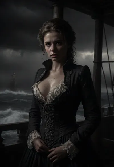 (Line art:2), ink drawing, Cowboy shot, 16 century, (stunning sexy rough lighthouse keeper stands inside glass cabin on top of Lighthouse:1), looks down to a three-masted sailing ship, (ship in distress:1.5), strong backlight from bright beacon illuminates her back and the darkness, (hurricane outside:1), (hard rain outside:1), (meter-high waves:1), undone linen shirt over a corset, firm breasts with long nipples, upper torso and a hint of cleavage visible exposed boobs, wind-torn coat, weras working clothes, large storm surge, rough sea, whitecaps, spray, haze, a three-masted sailing ship in distress in the background, novuschroma38, style, <lora:dark:.1>, <lora:CBS_novuschroma38 style:1.4>, <lora:photorealistic_portrait_notrigger:.4>