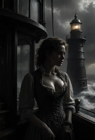 (Line art:2), ink drawing, Cowboy shot, 16 century, (stunning sexy rough lighthouse keeper stands inside glass cabin on top of Lighthouse:1), looks down to a three-masted sailing ship, (ship in distress:1.5), strong backlight from bright beacon illuminates her back and the darkness, (hurricane outside:1), (hard rain outside:1), (meter-high waves:1), undone linen shirt over a corset, firm breasts with long nipples, upper torso and a hint of cleavage visible exposed boobs, wind-torn coat, weras working clothes, large storm surge, rough sea, whitecaps, spray, haze, a three-masted sailing ship in distress in the background, 7-FineLine, Inkdrawing, cloudy, smoke, atmospheric, clouds, fog, <lora:MJ52:2>, <lora:Fine Line v1.0:2>, <lora:SDXL_Inkdrawing_v1:2>, <lora:Cloudy_Style:.8>, <lora:dark:.3>