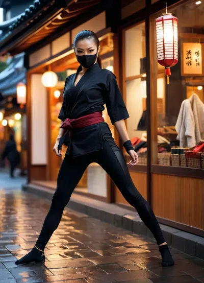 Very sexy ninja girl on the streets of Tokyo, she froze in a belligerent pose, an old Tokyo district, where traditional wooden houses are adjacent to modern buildings, She's wearing an upgraded ninja costume with elements of traditional clothing, ((tight black leggings)), (She holds a small tanto in her hand:1.1), (preparing for action:1.3), A belligerent pose, threatening pose, tanto, the atmosphere of the evening city, paper toro lanterns, (her shadow is reflected in the windows of modern shops:1.3), raindrops on the mask, (folds of clothing flutter from rapid movement:1.3), shadows flicker in the reflection of the windows, traces of raindrops on the ground, ninja, mask, <lora:ninjamasknoobvpred:.8>