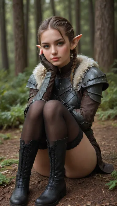 ((HD photorealistic)), full armo., Ridiculously cute 25 year old female elf., pointed ears., (heavy leather armor with thick fur trim), ., (leather gauntlets), (laced thigh high leather stockings and boots), (black and green warpaint covering forehead and eyes), Short hair, light brown hair with dark green highlights, pixie cut, shaved sides, braided., dark green eyes, dark eyeliner, smokey eyes., cute small nose, thick freckles on her nose., perfect lips., tanned skin., medium round breasts., skinny, thin, athletic build., short in stature., ((sitting and resting in the forest, knees up to her chest, resting her head on her hand)), close up face., <lora:PerfectEyesXL:2>, <lora:Braided_Sides_V1:2>, <lora:580159_training_data:2>, <lora:454069_training_data:2>, <lora:HGHD_FEMALE_ELF_STYLE-000009:2>