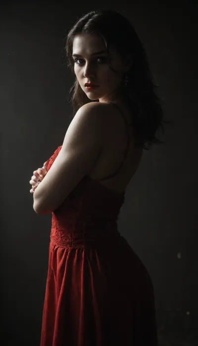 An intimate black and white 1930s noir inspired profile of an intense woman with her long inky black hair framing her fierce features. She is seated in a gloomy corner of a smokey bar, wearing a stylish red dress dress accentuating her slender neckline and defined jaw. Her heavy makeup is smokey and sultry with thick winged eyeliner while her red lipstick provides a shock of color against her pale creamy porcelain skin. Minimalist moody chiaroscuro lighting and a Dutch angle creating a dramatic effect. The overall mood of the image is sensual and alluring, with undertones of anticipation and desire., (black background, chiaroscuro lighting, Dutch angle:.9), ZipRealism, wearing a stylish dark dress dress accentuating her slender neckline and defined jaw. Her heavy makeup is smokey and sultry with thick winged eyeliner while her red lipstick provides a shock of color against her pale creamy porcelain skin. Minimalist moody chiaroscuro lighting and a Dutch angle creating a dramatic effect. The overall mood of the image is sensual and alluring, <lora:dark:.5>