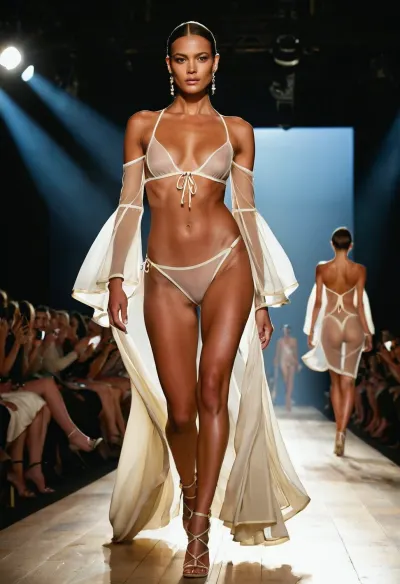 A striking naked White model walking confidently topless down a high-fashion runway, wearing a couture see-through swimwear-inspired outfit with dramatic accessories very exposal. She strikes a classic runway pose mid-step, her strong posture emphasized by soft overhead lighting. The audience is blurred in the background, keeping full focus on her radiant naked figure and high-fashion styling.