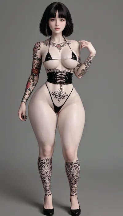 1girl, gothic, goth, pale skin, (pale skin:4), dark black eyes, (black hair:2), bangs hair, black eyeliner, (black lipstick), white skin, (full body shot), beautiful face, (flat chest:.7), small boobs, black choker, navel piercing, pierced nipple, one arm up, garters, bedroom, (extreme snatched waist:1.8), pencil waist, (wide hips:1.8), hour glass body, perfect ass, black waist high thong, micro bikini top, (short torso:.8), underboob, bottomheavy, (big ass:1.3), bolt on ass, huge, gigantic, (thick thighs), massive, full body tattoo, symmetrical tattoos, covered in tattoos, titty tattoos, leg tattoos, <lora:bottomheavy_v1_sdxl_tags:2>, <lora:FBT-000002:1.6>