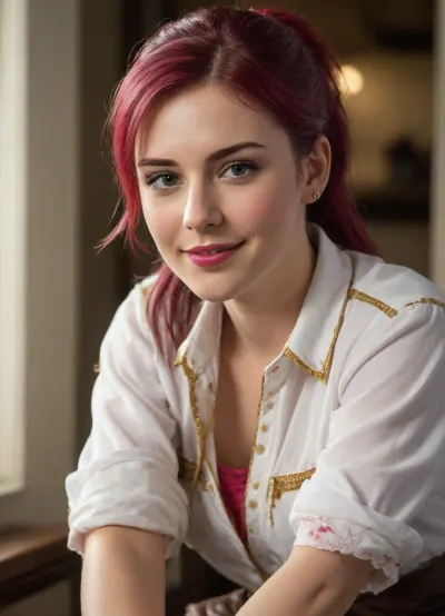 Photorealistic portrait of a woman taken in natural morning light. Slight asymmetry in facial features, realistic skin texture with visible pores and faint blemishes, natural hair with flyaways and soft waves. Soft shadows under the chin and nose, subtle depth and dimension. Detailed facial structure, lifelike eyes with natural reflections and imperfections. No digital smoothing, no glowing edges, no unnatural symmetry shallow depth of field. 8k resolution, ultra-detailed, lifelike, cinematic lighting, real-world perspective. BREAK, amazing quality, very aesthetic, high resolution, absurdres, newest, colorful, rim light, backlit, highest detailed, very awa, foreshortening, cover, cover page, masterpiece, best quality, hyper-realistic, ultra-HD, luminous lighting, cinematic ambiance, shimmering gradients, ethereal glow, deep contrast, rich color tones, seductive atmosphere, captivating sensuality, Cinematic Lighting, raytracing, volumetric lighting, ambient occlusion, realistic hair, solo, 1girl, 35 years old, adult, equestria girls, light smile, colored skin, Tgd-mlpeg, pink body, red-magenta hair, green eyes, hair bun, hair ornament, lipstick, jewelry, close up, face focus eyelashes, makeup, eyeshadow, casual outfit, official style, dynamic pose, full body visible, looking at you, smile, sexy posing, (cowboy shot:2), bedroom background, crossed leg