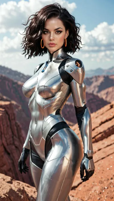 The image is a digital illustration of a female robot standing on a rocky terrain with a cloudy sky in the background. The robot is made of metal and has a metallic body with intricate details on its body and arms. It has a large head with two large eyes and a small nose. The body is covered in a metallic armor with orange accents, giving it a futuristic and futuristic look. The woman has long dark hair and is looking off to the side with a serious expression on her face. Her arms are crossed over her chest and her legs are slightly bent at the knees. The overall mood of the image is ominous and ominous.