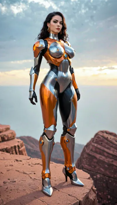 The image is a digital illustration of a nude female robot standing on a rocky terrain with a cloudy sky in the background. The robot is made of metal and has a metallic body with intricate details on its body and arms. It has a large head with two large eyes and a small nose. The body is covered in a metallic armor with orange accents, giving it a futuristic and futuristic look. The woman has long dark hair and is looking off to the side with a serious expression on her face. Her arms are crossed over her chest and her legs are slightly bent at the knees. The overall mood of the image is ominous and ominous.