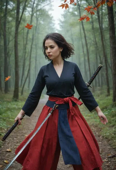 2 fierce Japanese female samurai in traditional feudal Japan clothing engage in an intense sword fight, The scene takes place in a lush, misty forest with bamboo trees and distant Japanese castle in the background. left woman wearing a red hakama open black kimono, breasts are visible, the right woman in a ripped dark blue hakama with silver armor accents, are locked in combat, their katana swords clashing with sparks flying from the impact. Both warriors have determined, focused expressions, their long black hair blowing in the wind. The atmosphere is tense, with a cloudy sky above, and the ground covered with fallen autumn leaves