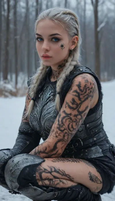 (HD Photorealistic), 35 year old scandanavian female. Thin, athletic, toned body., (Leather armor with fur trim:1.5), (leather gloves and gauntlets:1), (high leather lace up boots:1), (thigh high leather stockings:1), (leather hood and fur cape:1), white hair with black highlights, black roots, braids, shaved, layered bob., Cute face, small nose, perfect lips., (heavy dark eyeliner:1), smokey eyes, icy blue eyes., (black warpaint:1.5), (tattoos:2), (leather armor over tattoos:2), icy, snowy, winter lake environment., (crouching along the icy shoreline of a fjord), Short, Layered, Bob, braided, side, green, eyes, blue, brown, perfecteyes, elf, pin-up, succubus, femme, fatale, tattoo, <lora:909601_training_data:2>, <lora:Braided_Sides_V1:2>, <lora:PerfectEyesXL:2>, <lora:454069_training_data:2>, <lora:Cassara The Haunting Elf_epoch_10:2>