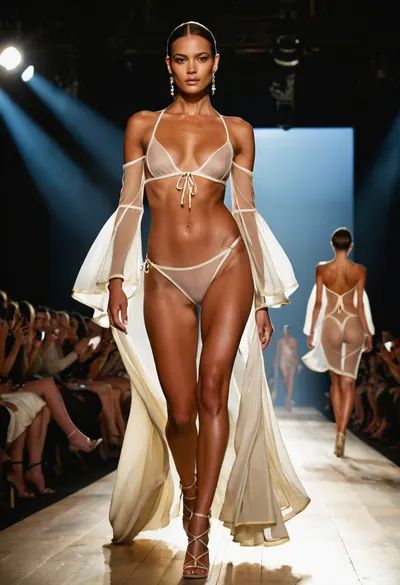 A striking naked White model walking confidently topless down a high-fashion runway, wearing a couture see-through swimwear-inspired outfit with dramatic accessories very exposal. She strikes a classic runway pose mid-step, her strong posture emphasized by soft overhead lighting. The audience is blurred in the background, keeping full focus on her radiant naked figure and high-fashion styling.