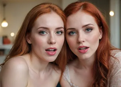 photo of three completely different women cheek on cheek, one with red hair, one with brunette hair and one with blonde hair. they are wearing soft makeup, tongue out, licking. looking at viewer. the background is blurry indoor.