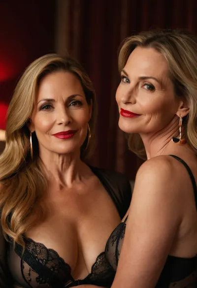 lesbians, two mature woman, woman mature 45 years old, long hair, dark blonde, curvy, very small tits, sexy lingerie, very sexy black long sleeve lingerie, huge hoop earrings, glamour, make up, red lipstick, very long long hand nails, sexy hand, background of a room, naught horny smile sexy face, face focus, looking at the camera, touching her face to another sexy mature woman, lesbian, sexy lesbians having sex, almost kissing