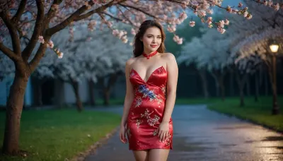 captivating young 5-feet Ukrainian brunette girl, chubby, smiling, desirable big breasts and thighs, cheongsam on completely bare body, barefoot, warm summer rain, blooming cherry tree, night moon glow