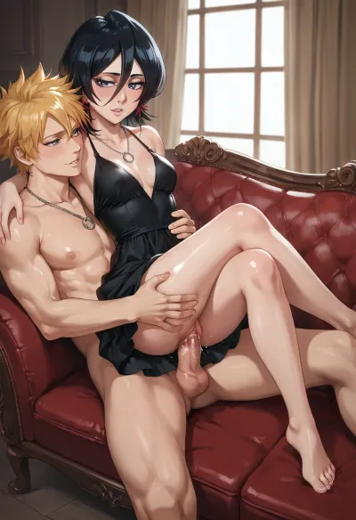 score_9, score_8_up, score_7_up, bleach, kuchiki_rukia, absurdres, highres, 1boy, 1girl, age_difference, barefoot, black_dress, black_hair, purple_eyes, blunt_bangs, blush, breasts, clothed_female_nude_male, clothed_sex, couch, crossed_legs, dress, earrings, girl_on_top, hetero, hair_between_eyes, jewelry, medium_hair, small_breasts, long_bangs, necklace, nude, on_couch, pendant, penis, sex, sex_from_behind, shiny_skin, vaginal