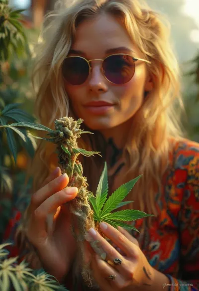 (warm ambient light:1.5), A slim, flat-chested, sexy, colorful dressed hippie sits in the monastery, holding cannabis bud, (huge phallus look alike detailed cannabis bud:1.6), In the garden, there are numerous cannabis plants in full bloom, (perfect cannabis buds:1.5), perfect face, (perfect detailed blonde dreadlocks:1), tattooed, wears silver metal sunglasses with extremely small circular yellow lenses, looking at the viewer, (detailed reflection in the lenses of flowering cannabis plants:1), silent smile, perfect hands, it's a late summer afternoon, the sun is low and backlights the scene, rays of sunlight beautifully break through the smoke. Happy, content, satisfied, smiling, the focus is on the hippie, the background is blurred, the entire image is designed using technical parameters to create a warm, romantic atmosphere. Ganja, flowers, cannabis, marijuana, leaves, plants, resin, glands, nugs, edgFae, flower, fairy, style, wearing, sunlight_str1, vibrant, dream, pale, reality, elven, architecture, cloudy, smoke, atmospheric, clouds, fog, intricate detail, highly detailed, breathtaking, panoramic, cinematic, but, (3D, Framed, Woman), Cat, Skull, Flowers, Bird, Macabre, blttr, psychedelicai, <lora:MJ52:1.5>, <lora:BUT_SDXL_SHS:1.5>, <lora:style_lora_realis:1.6>, <lora:blttr:1.9>, <lora:psychedelicai-SDXL:1.8>