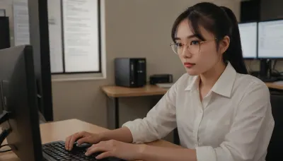 A 20-year-old Asian female freelance literary editor, with long black hair tied in a neat ponytail, intently focused on her computer screen, typing documents in a modern, well-lit office. She wears sophisticated gold-rimmed glasses and a comfortable, loose white shirt. Soft, ambient light illuminates her workspace, highlighting her concentration., <lora:hyi:.8>