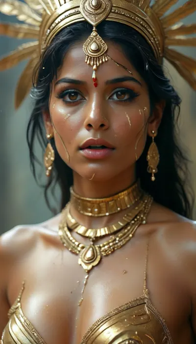30 year old female indian superhero, her super power is vetting covered in cum, gold headdress and facial jewellery, spandex, sexy expression, woman, cum, on, face, <lora:MJ52:2>, <lora:BUT_SDXL_SHS:1.6>, <lora:add-detail-xl:1.5>, <lora:CinematicStyle_v1:2>, <lora:JustCum:1.5>