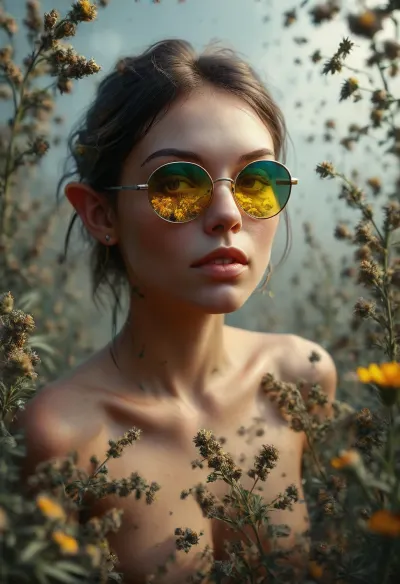 full body view, A double-exposure illustration in which a nude elven gardener is overlaid with cannabis, tattooed, wears silver metal sunglasses with extremely small circular yellow lenses, looking at the viewer, (detailed reflection in the lenses of flowering cannabis plants:1), silent smile, lingerie, view from back, she harvests perfect cannabis buds, (is surrounded by a swarm of 40 perfect and colorful realistic butterflies:1.7), (40 realistic butterflies:1.7), the background is blurred, the entire image is designed using technical parameters to create a warm, romantic atmosphere. Ganja, flowers, cannabis, marijuana, leaves, plants, resin, glands, nugs, edgFae, flower, fairy, style, wearing, sunlight_str1, vibrant, dream, pale, reality, elven, architecture, cloudy, smoke, atmospheric, clouds, fog, intricate detail, highly detailed, breathtaking, panoramic, cinematic, (3D, Framed, Woman), Cat, Skull, Flowers, Bird, Macabre, psychedelicai, <lora:MJ52:1.9>, <lora:psychedelicai-SDXL:.8>, <lora:Elven_Style_V1:.9>, TattooVariations, <lora:TattooVariations:.8>