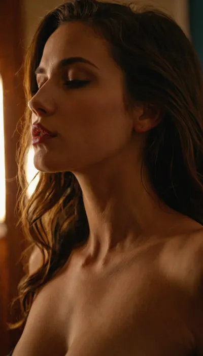 sensual woman, mid wave brunette, kisses on the neck, stand in front of me for kiss me, leans forward towards me, low view, pov view, sensual, kiss me, seduct me