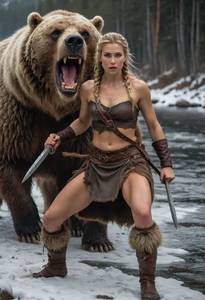 slender, flat chested, female viking Warrior combat with a huge attacking grizzly, heroic Portrait, (flat chested:1.4), slim hips, slim waist, slim legs, 50 Years old, Scandinavian, athletic, valuable Viking winter costume, fur, Armor, viking knife, Blonde hair, Braided hair, Fluffy hair, Long hair, Dark light skin, Forest, Lake, Mountains, Snow, riverside, Realism, dynamic fight against bear, open bear`s mouth, bloody scratches on skin, sweating, fantasy, art, <lora:Fantasy_ArtXL:.8>