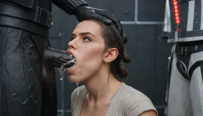 (Rey from Star Wars), (angry mad), (huge massive Darth Vader dick:1.4), (Darth Vader super white skin), (huge veiny wet dick), (((extreme painful creamy deepthroat))), ((cum)), (Star Wars starship background), <lora:Rey:2>