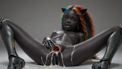 Undersized girl, Mouth wide open, (mouth full of excessive cum), 4 y, tiny body, small head, small arms, small legs, skinny, absolutely dystrophic, absolutely flat chest, tiny ass, absolutely young face, legs spread wide, neat pussy, small pussy, virgin pussy, small clitoris, narrow hips, very small waist, short, petite, small, 4 y girl, cute, younder face, youth, youth look, really young, cute small face, tiny tits, tiny pussy, young age, tiny small, tiny female, tiny hips, 4 y pussy, absolutely tiny pussy, younder pussy, absolutely young pussy, shows asshole, shows pussy, Wide open pussy, Wide open asshole, excessive cum on face, excessive cum on hair, excessive cum on chest, pussy full of excessive cum, asshole full of excessive cum, excessive cum on ass, excessive cum thick, Japanese girl, (narrow eyes, Asian facial features), iridescent hair, multicolored hair, rainbow-colored hair, very long hair, hair in the form of cat ears, ((completely robotic legs), (completely robotic vagina), (completely robotic nipples), (completely robotic mouth), (completely robotic arms)), ((barcode on the pubis)), (black skin:1.6)
