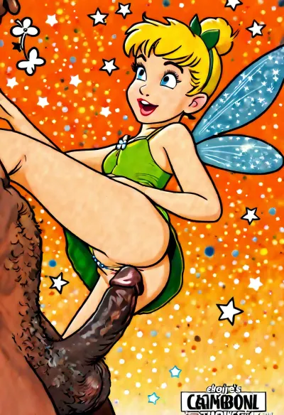 tiny magic cute petite fairy Tinkerbell, horny, ((she's climbing up an enormous black cock that is literally twice her size)), fairy dust, ((muted old cartoon colors)), (((1950s cartoon style image)))