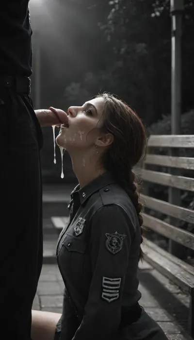 20yo woman kneeling, brown hair in braid, woman looking up at man, park bench, night, ((profile)), heavy fog, black and white, silhouette, 9 inch penis, fully erect, penis above woman's head, excessive cum, cum spraying, cum dripping on woman, woman in police uniform, submissive, look of love, uniform streched over large boobs, <lora:640897_training_data:2>, <lora:sin-city-sdxl-v1-000050:1.3>