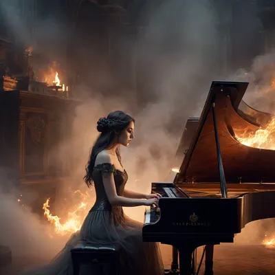 illustration. draw with ink and brush, symphonic metal, Harpsichord, virtuos, female, create a captivating blend of lead melody and lush backing textures, sweeping arrangements, epic and majestic. shrouded in soul fire and decay fog. Three levels. shallow depth of field, parallax. /©KlTTY-ART/