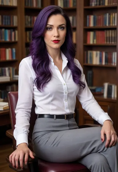 Mrs. Jones, bitchy principal, white button-up shirt, gray pants, sitting in a dark wooden chair behind a wooden desk, (long straight deep-purple/indigo hair), serious expression, tanned skin, red lipstick, (angular features), professional/academic setting, well-lit office, bookshelves filled with various books, natural light, plant in the background, exaggerated features