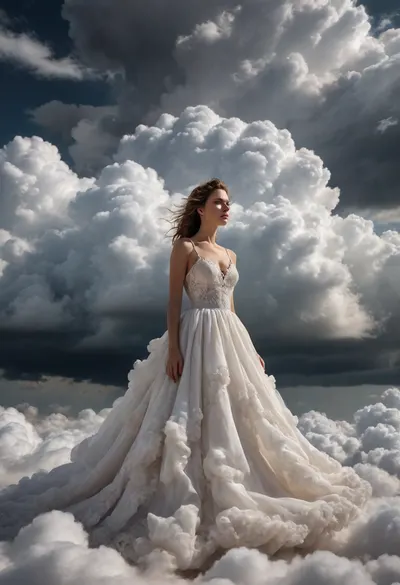 woman, clouds, full, body, white, dress, cloud, long, puffy, stormy, sleep