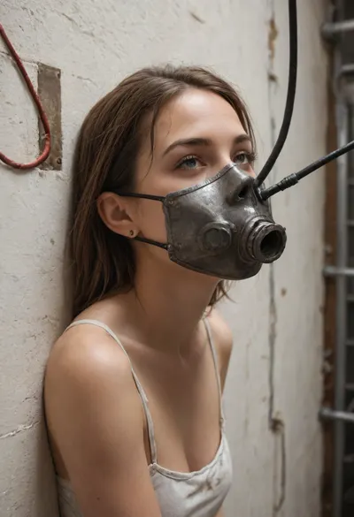 The image is a photograph of a large, industrial-looking mask hanging on a wall. The mask is made of metal and appears to be made of a shiny, metallic material. It has a large eye hole in the center and two large pipes on either side of the eye hole. The pipes are connected to the mask with wires and cables, and there is a small tube attached to the bottom of the mask. The background of the painting is a textured, orange-brown color, and the overall appearance is rustic and industrial. The painting is displayed on a white wall with a wooden floor.
