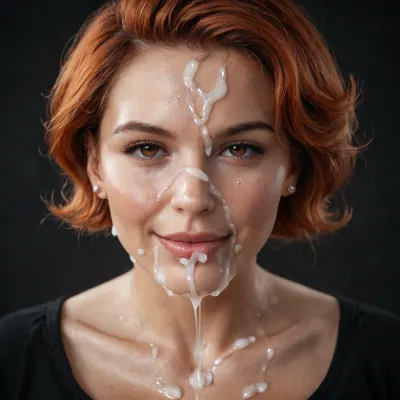 close-up on head and breasts of cute slutty 40 y/o gorgeous milf, (milf:1.2), focus, curvy, ((perfect eyes)), (beautiful face, perfect eyes:1.2), (busty and curvy1.1), (busty hourglass body), (thick:1.2), (huge breasts:1), collarbone, (black tunic top), serious, (short red hair, classic pixie haircut, straight hair, brown eyes), looking at viewer, after having been fucked intensely, (massive breasts:1), head facing viewer, tired happy face, (realistic excessive thick runny cum all over her face and body), cum on hair, cum on forehead, nose full of cum, mouth full of cum, lots of very thick cum, loads of cum, woman, on, face, excessive bukkake, cum, facialized, superfacialized, black room, black background.