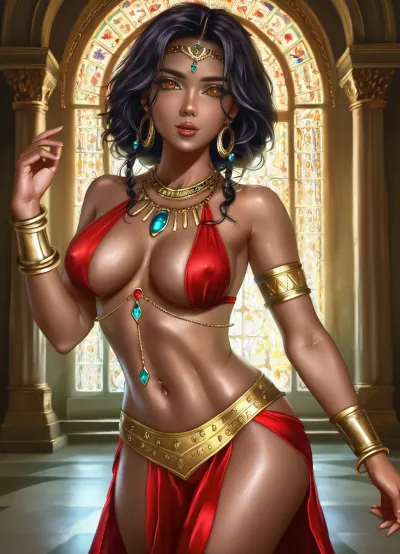 Hentai image in the style of Logan Cure, (best quality, masterpiece:1.2), (photorealism:1.3), highly detailed Indian female dancer, beautiful Indian woman, with large heavy breasts, dark skin, in traditional red lehenga choli, gold embroidery, swirl lehenga, exquisite jewelry, maang tikka, necklace, bracelets, mehndi, graceful poses, (dance movements:1.3), (Kathak dance:1.4), precise detailing of dance movements, in an Indian palace of a raja, richly decorated arches, ancient frescoes, exquisite architecture, raja on the throne in the background, symmetrical composition, golden hour, soft diffused lighting, chiaroscuro, deep shadows, rich, warm colors, red, gold, indigo, turquoise, ivory, ochre, atmospheric light, dynamic composition, ultra-high resolution, meticulous attention to detail, complex, high detail, (8k), cinematic lighting, sharp focus, Detailed, hand, Hand, Perfect