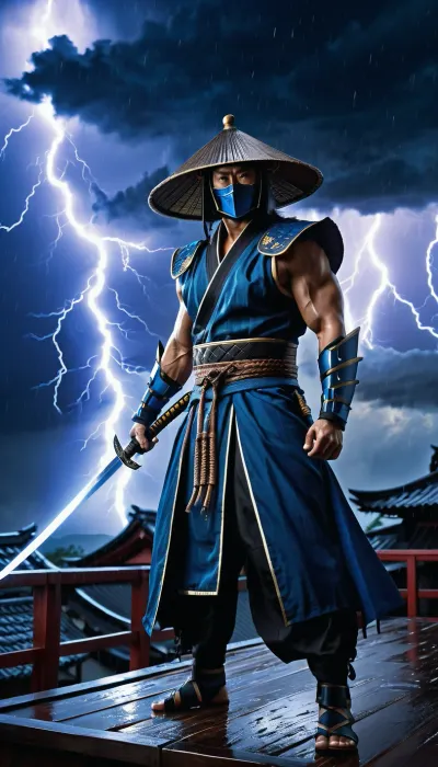 (masterpiece, best quality, highly detailed, photorealistic:1.2), an ancient warrior, Raiden from Mortal Kombat, powerful, standing on a traditional Japanese rooftop, full body shot, (dramatic lighting:1.1), (heavy rain, stormy weather:1.2), (intense lightning bolts:1.3), striking across the dark sky, dynamic pose, looking directly at viewer, wearing a wide-brimmed conical straw hat, ((blue detailed ninja mask:1.1)), intricate blue and dark monk robes, ornate metallic armor details on chest and arms, strong muscular build, holding a katana sword in hand, (((glowing blue energy in left hand:1.2))), atmospheric perspective, mystical glowing effect, distant traditional Japanese buildings with warm lights below, volumetric lighting, godrays, depth of field, sharp focus, cinematic, hyperrealistic