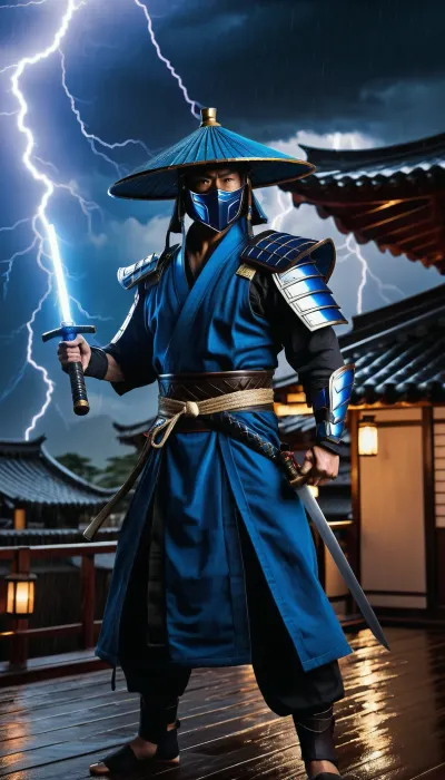 (masterpiece, best quality, highly detailed, photorealistic:1.2), an ancient warrior, Raiden from Mortal Kombat, powerful, standing on a traditional Japanese rooftop, full body shot, (dramatic lighting:1.1), (heavy rain, stormy weather:1.2), (intense lightning bolts:1.3), striking across the dark sky, dynamic pose, looking directly at viewer, wearing a wide-brimmed conical straw hat, ((blue detailed ninja mask:1.1)), intricate blue and dark monk robes, ornate metallic armor details on chest and arms, strong muscular build, holding a katana sword in hand, (((glowing blue energy in left hand:1.2))), atmospheric perspective, mystical glowing effect, distant traditional Japanese buildings with warm lights below, volumetric lighting, godrays, depth of field, sharp focus, cinematic, hyperrealistic