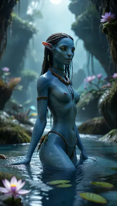 (masterpiece, best quality, ultra-detailed, cinematic lighting, 8k), tiny tits, midnight ancient forest, nude neytiri from avatat floating in glacial pool, (actress Zoe Sardana), runes glowing on her skin, vagina, full moon reflection, frozen lotus flowers blooming at her feet, mystical frost crystals forming everywhere, Full Body in Frame, 7-Avatar, Avatar, environment, Machinery, Na'vi, Miles, Quaritch, Jake, Sully, Neytiri, Tsireya, Tonowari, Lo'ak, Ronal, godpussy, <lora:MJ52:.8>, <lora:Avatar v1.0:1.6>, <lora:SDXL_GodPussy_v1:.8>