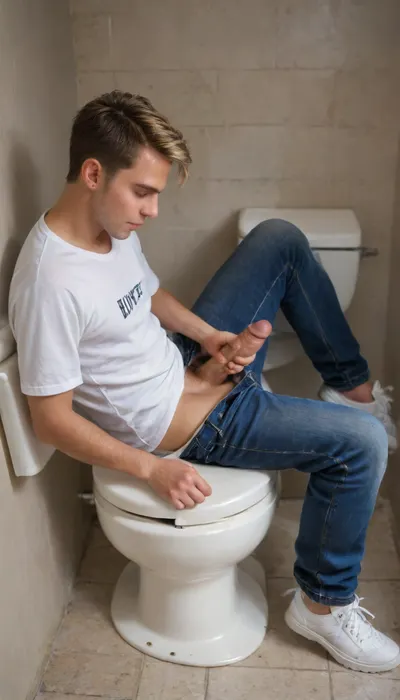 School toilet, (1boy in white t-shirt sitting on a toilet seat with his Jeans down:1.5), show hard penis, masturbation, grabbing cock at the Root, splashes in the Air, (pulled-down loosen up clothes:1.5), wearing white sneakers, very detailed genitales, (1Girl blonde is standing near on his side), score_9, score_8_up, score_7_up, score_6, photorealistic, closed_eyes, close-Up, some light smile, Head to neck, view from belle, sunlight_str1, zavy-rmlght, <lora:sunlight_str1-SDXL_v1-dim64-steps1691:1.5>, <lora:zavy-rmlght-sdxl:1.8>