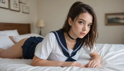 The image is a photograph of a woman in, ((Japanese school uniform)), . She is sitting on a bed with white sheets and pillows. The woman is wearing a blue and white sailor outfit with a white collar and a blue skirt. She has long brown hair tied up in a ponytail and is looking directly at the camera with a seductive expression on her face. There is a black choker around her neck and she holds a chain in her hands, connected by a choker around her neck. Her breasts are prominently displayed. She The background is blurred, but it appears to be a bedroom with a wooden headboard., <lora:284418_training_data:1.4>