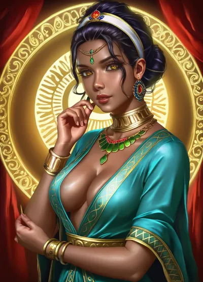 Hentai image in the style of Logan Cure, (best quality, masterpiece:1.2), (photorealism:1.3), highly detailed Indian female dancer, beautiful Indian woman, with large heavy breasts, dark skin, in traditional red lehenga choli, gold embroidery, swirl lehenga, exquisite jewelry, maang tikka, necklace, bracelets, mehndi, graceful poses, dance movements, Kathak dance, precise detailing of dance movements, in an Indian palace of a raja, richly decorated arches, ancient frescoes, exquisite architecture, raja on the throne in the background, symmetrical composition, golden hour, soft diffused lighting, chiaroscuro, deep shadows, rich, warm colors, red, gold, indigo, turquoise, ivory, ochre, atmospheric light, dynamic composition, ultra-high resolution, meticulous attention to detail, complex, high detail, (8k), cinematic lighting, sharp focus, Detailed, hand, Hand, Perfect
