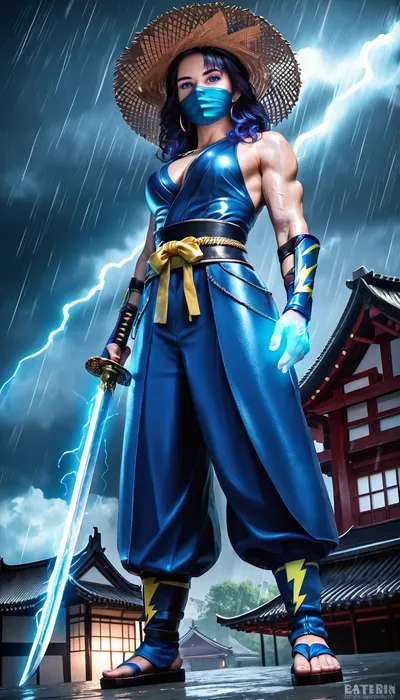 (masterpiece, best quality, highly detailed, photorealistic:1.2), an ancient warrior, Raiden from Mortal Kombat, powerful, standing on a traditional Japanese rooftop, full body shot, (dramatic lighting:1.1), (heavy rain, stormy weather:1.2), (intense lightning bolts:1.3), striking across the dark sky, dynamic pose, looking directly at viewer, wearing a wide-brimmed conical straw hat, ((blue detailed ninja mask:1.1)), intricate blue and dark monk robes, ornate metallic armor details on chest and arms, strong muscular build, holding a katana sword in hand, (((glowing blue energy in left hand:1.2))), atmospheric perspective, mystical glowing effect, distant traditional Japanese buildings with warm lights below, volumetric lighting, godrays, depth of field, sharp focus, cinematic, hyperrealistic